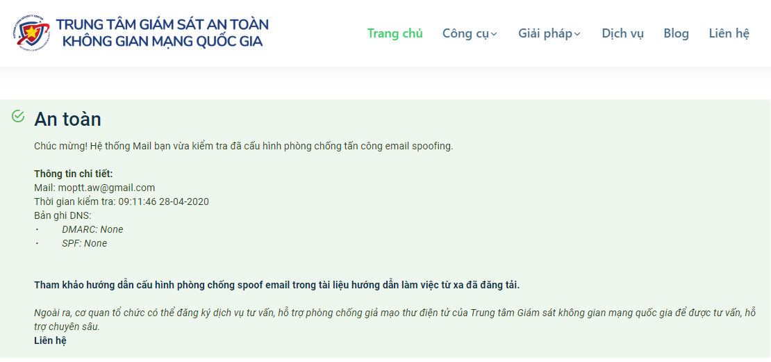 Kết quả kiểm tra khả năng phòng chống tấn công giả mạo email