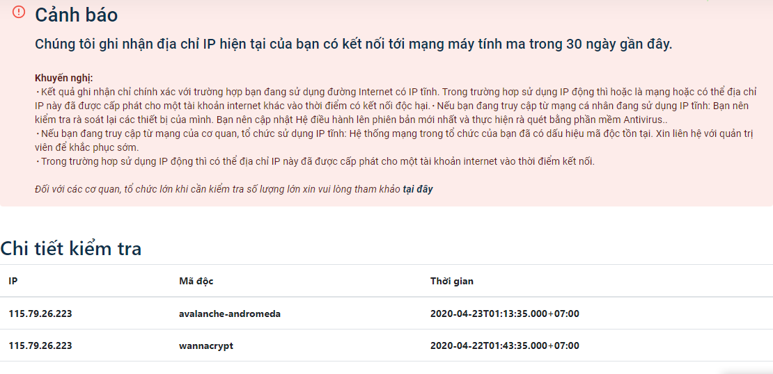 Kết quả kiểm tra địa chỉ IP